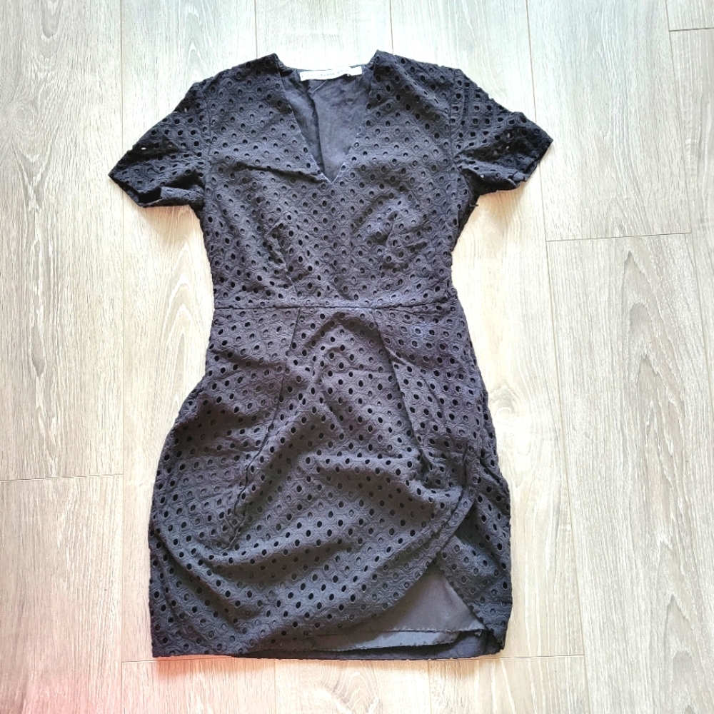 & Other Stories eyelet wrap v-neck mini dress black tulip split lined size XS 4
